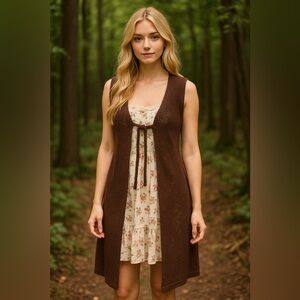 Class 955 Vintage 80s Crochet Sleeveless Duster in Brown Size L